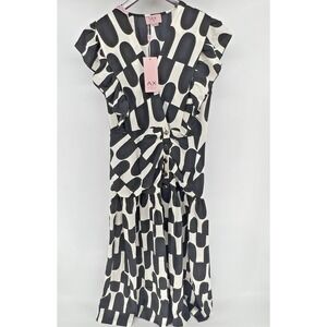 AX PARIS Abstract Ruched Waist Slit Front Dress in Blk/Cream 12 (DA1729)